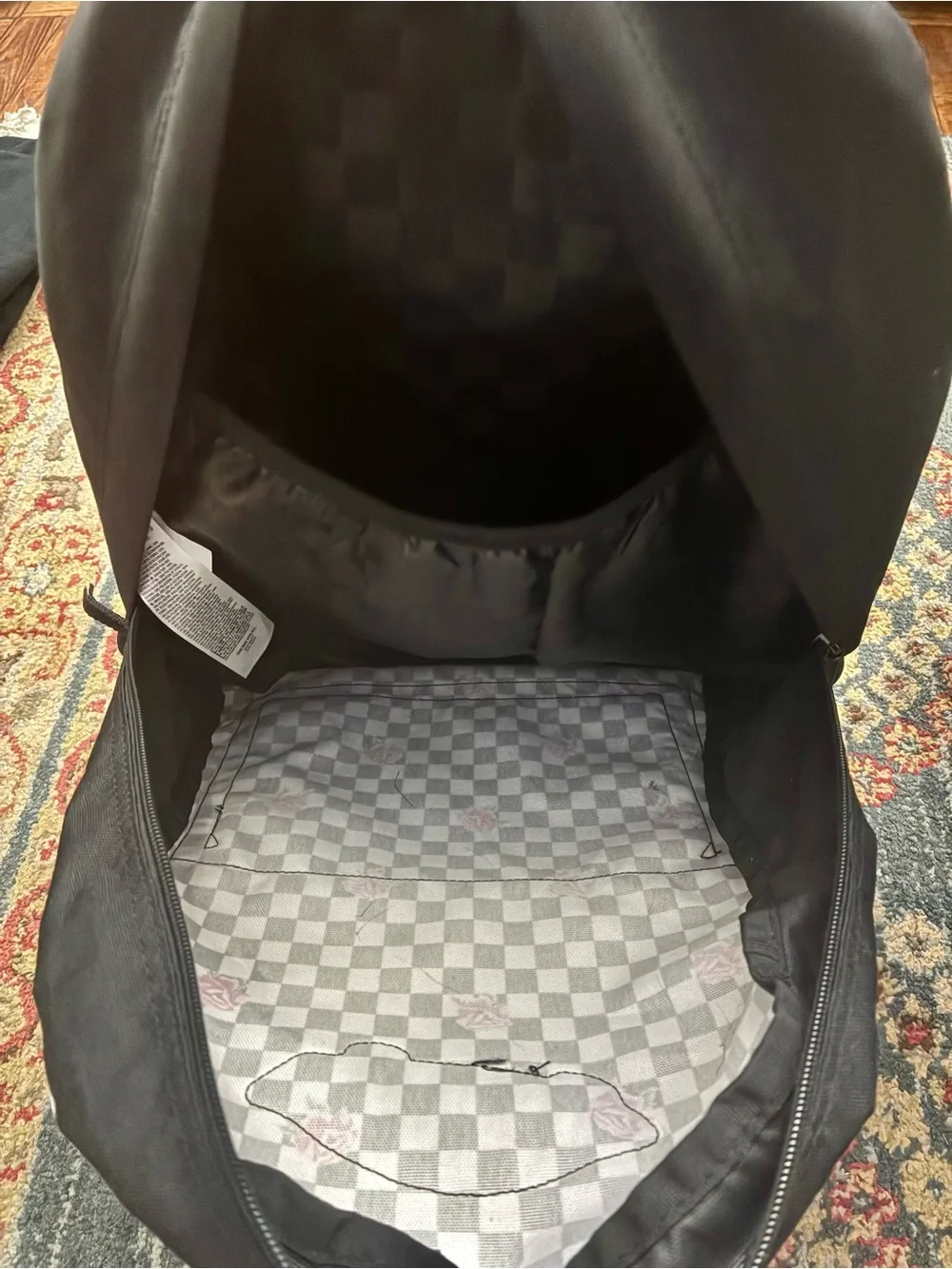 Vans Black White Checkerboard Backpack with Pink Rose Accents